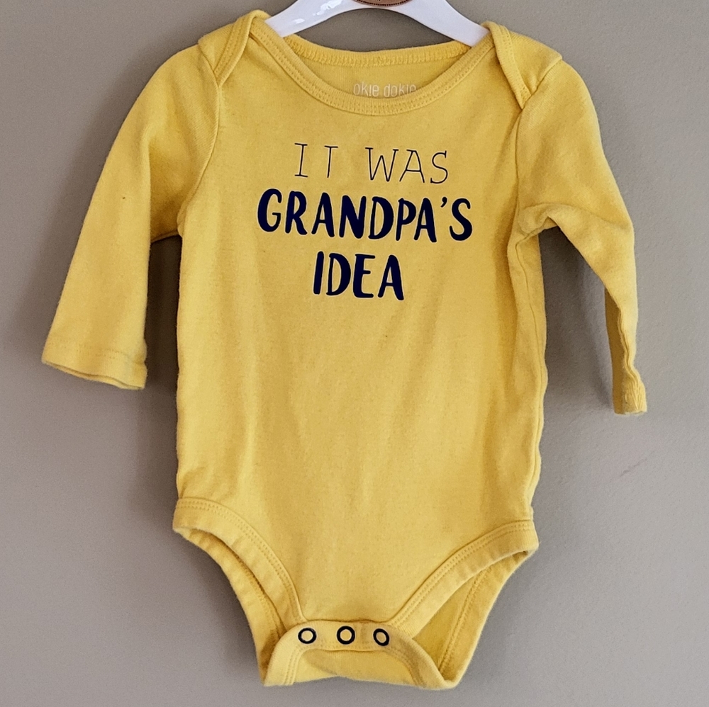 "It Was Grandpa's Idea" yellow long sleeved onesie/bodysuit